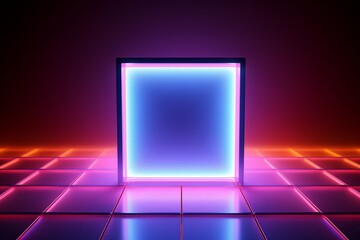Neon glowing square frame on the dark background. 3d rendering