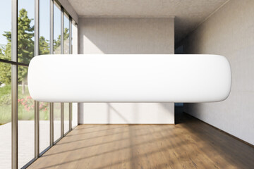 search box with text floating in air in luxurious loft apartment with window and garden; minimalistic interior living room design; 3D Illustration
