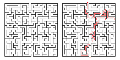 Vector Square Maze. Labyrinth with Included Solution in Black  Red. Funny  Educational Mind Game for Coordination, Problems Solving, Decision Making Skills Test.
