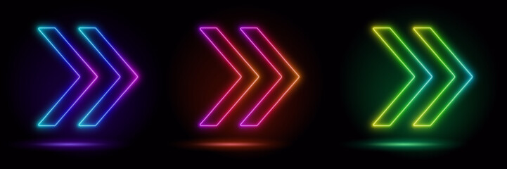 Set of  glow neon arrows, arrow shape, empty space, ultraviolet light, 80's retro style, fashion show stage, abstract background, illuminate frame design. Abstract cosmic vibran arrow sign