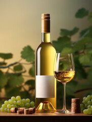 bottle and glass of white wine with grapes on a wooden table