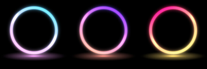 Set of  fat neon round frame, circle, ring shape, empty space, ultraviolet light, 80's retro style, fashion show stage, abstract background, illuminate frame design. Abstract cosmic vibrant circle