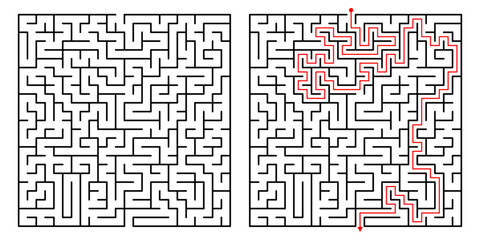 Vector Square Maze. Labyrinth with Included Solution in Black  Red. Funny  Educational Mind Game for Coordination, Problems Solving, Decision Making Skills Test.