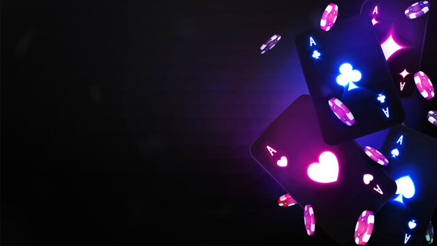 Blackjack black neon poker card with poker chips on black blurred background. Casino backdrop for your arts