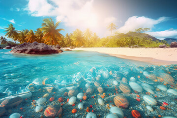Sandy beach paradise with rocky cliffs, swaying palm trees, and turquoise water is AI Generative.