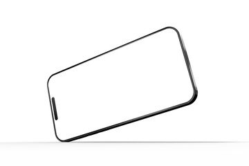 Studio shot of a modern smartphone with a blank white screen. Isolated against a white background. 3D Rendering
