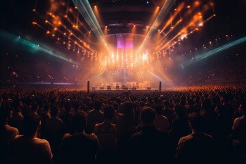 Concert crowd in front of a bright stage lights during a concert