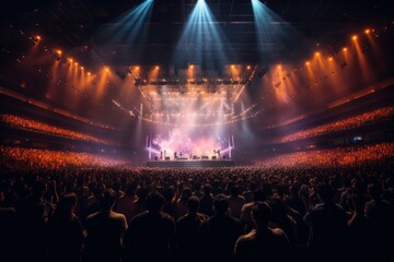 Concert crowd in front of a bright stage with lights and smoke