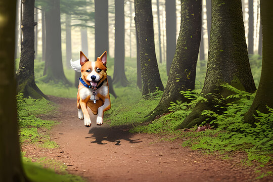 A dog running through the woods