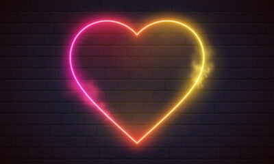 Neon heart. Bright night neon signboard on brick wall background with backlight. Retro glow neon heart sign. Romantic design for Happy Valentines Day. Night light advertising. Concept: anniversary, mo