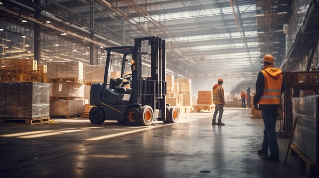 logistic center, a warehouse interior with a blurred forklift and a worker with generative ai