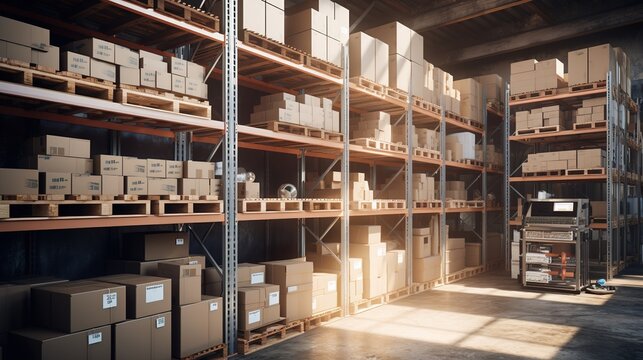 warehouse shelves with boxes, with generative ai