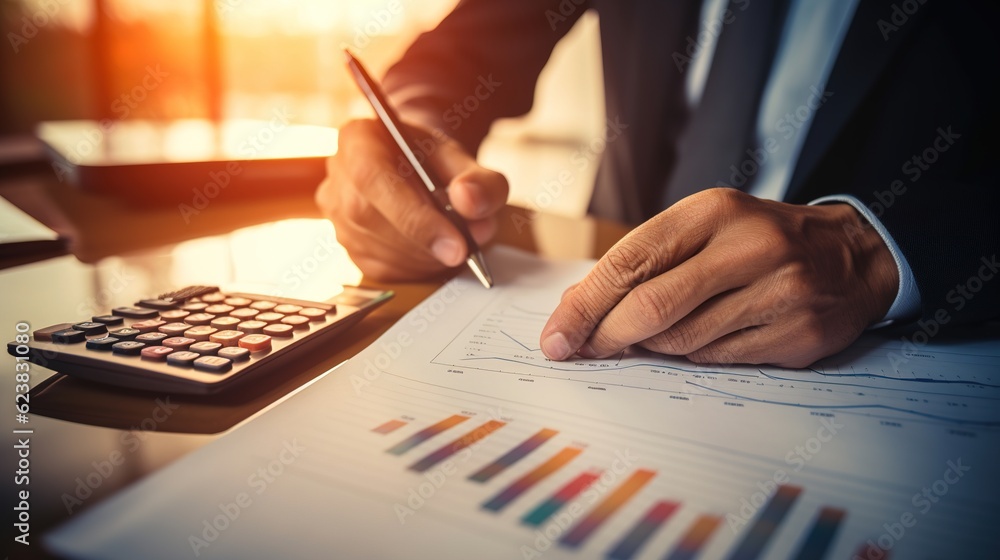 Poster working as an accountant calculate and assess business and marketing growth on financial document da