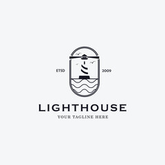 Logo lighthouse line art logo vector concept with emblem illustration template design icon tower design