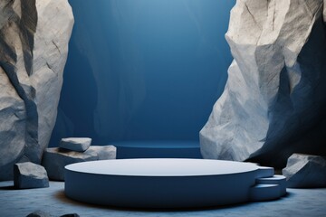 Podium, pedestal or platform for product presentation. Abstract blue background.