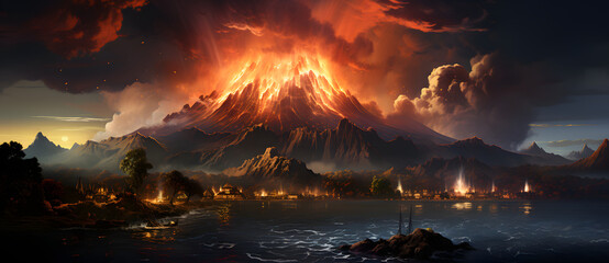 an art print depicting a volcano erupthing fire Generated by AI