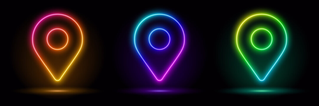 Neon map pin icon. Glowing neon marker sign, outline pointer pictogram in vivid color. Navigation mark, destination point, location marker, address place. Vector icon set, sign, symbol for UI. Ultravi