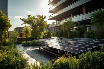 Solar Panels In A Modern Building, showcasing renewable energy integration. Generative AI