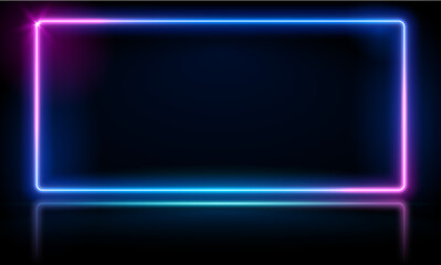 Vector square glowing in the dark, pink blue neon light, illuminate abstract cosmic vibrant color backdrop. Glowing neon light frame with rounded corners. Neon rectangle, neon lights horizontal sign, 