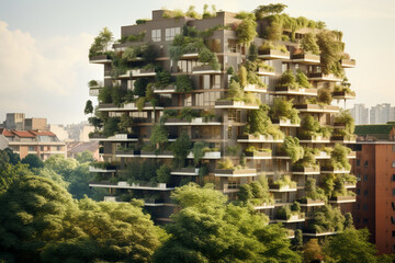 Vertical forest apartment building with greenery adorning its façade. Generative AI