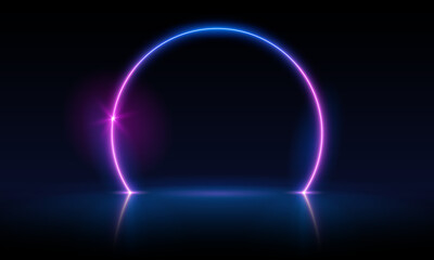 Vector 3d render, blue neon round frame, circle, ring shape, empty space, ultraviolet light, 80's retro style, fashion show stage, abstract background, illuminate frame design. Abstract cosmic vibrant