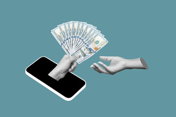 Female statue's hand in mobile phone holding wad of hundred-dollar cash bills passing it on to another person on teal blue background. Transfer of money. Shopping, payment. 3d collage. Modern design
