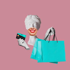 Young woman headed antique smiling statue's head with red lips holding turquoise paper bags and...