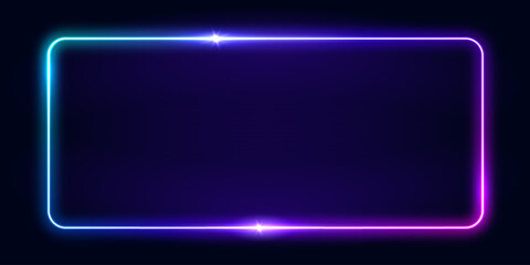 Vector 3d render, square glowing in the dark, pink blue neon light, illuminate frame design. Abstract cosmic vibrant color backdrop. Glowing neon light. Neon frame with rounded corners.  - obrazy, fototapety, plakaty