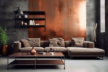 Interior of modern living room with brown sofa and coffee table 3D rendering