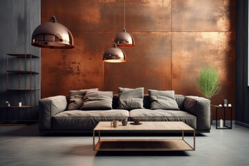 Contemporary living room interior with brown walls, concrete floor, gray sofa and coffee table. 3d rendering