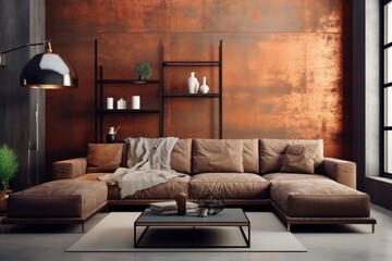 Interior of modern living room with brown walls, concrete floor, brown sofa and coffee table. 3d rendering