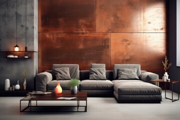 Interior of modern living room with brown walls, concrete floor, comfortable gray sofa and coffee table. 3d rendering