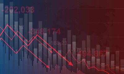 Declining World economy and business decline or economic fall and world business crisis with an international economy falling with a downward trend as a financial concept in a 3D illustration style.