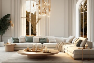 Living room interior with white sofa, coffee table and coffee table. 3d render