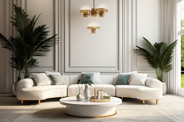 Living room with white sofa, coffee table, plants and parquet floor. 3d render