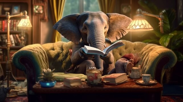 An elephant reading a book on a sofa, Generative AI.