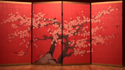 Cherry blossoms or plum blossoms depicted in the style of a traditional Japanese painting, Generative AI.