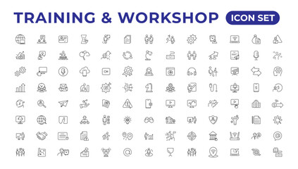 Fototapeta na wymiar Training and workshop linear icons collection.Set of thin line web icon set, simple outline icons collection, Pixel Perfect icons, Simple vector illustration.