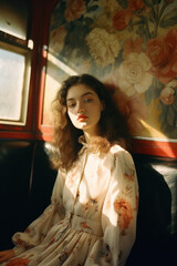 Fototapeta premium portrait of a woman/model/book character in a vintage train with floral details in a fashion/beauty editorial magazine style film photography look - generative ai art
