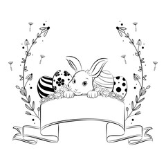 Happy Easter banner with floral wreath frame, hand drawing style.