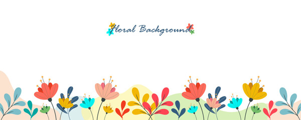 Spring garden flowers banner, botanical colourful flat vector illustration on white background.