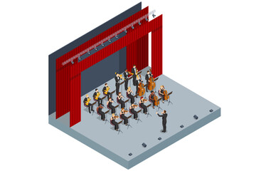 Isometric Symphony Orchestra. Symphonic string orchestra performing on stage and playing a classical music concert with conductor on theatre
