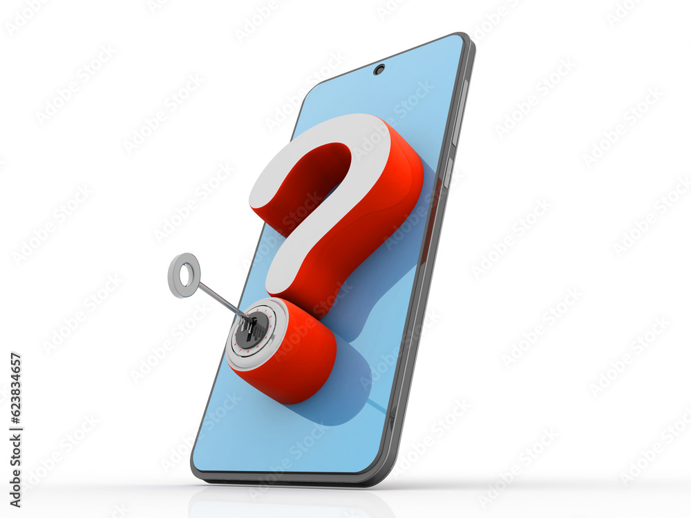 Poster 3d rendering key protected question mark in mobile phone