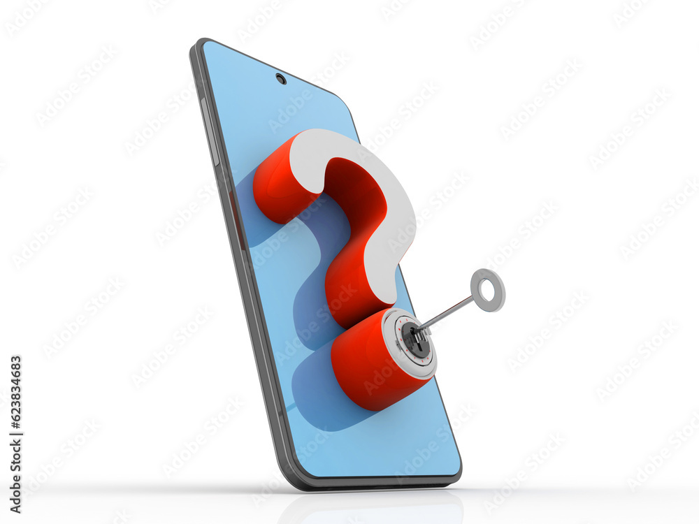 Poster 3d rendering key protected question mark in mobile phone