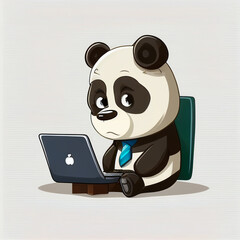 Panda in a tie sits at a laptop on a white background. AI Generated