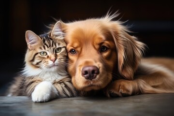 A friendly pet with a canine or feline look, perched and looking at the camera. Perfect for animal themes and showcasing their lovable nature. Generative AI