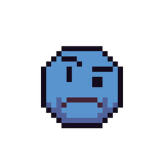 Blue sad emoticon with surprised face and one eyebrow raised pixel art icon. Angry cartoon character. Show the language of emotion. Flat style. 8-bit style. Isolated abstract vector illustration.