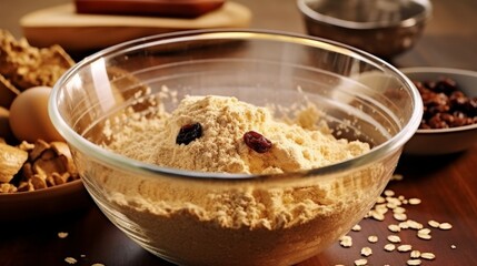 A mixing bowl with oats and raisins for cookies. AI generated