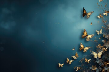 A Group Of Butterflies Flying Over A Blue Background. Butterfly Migration, Color Psychology, Symbolic Meaning Of Butterflies, Flying Insects, Photo Editing, Greeting Card. Generative AI