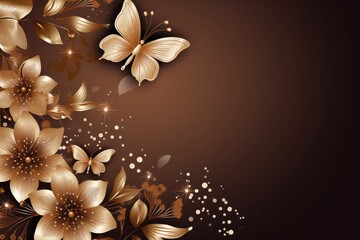 A Brown Background With Gold Flowers And Butterflies. Brown Backgrounds, Gold Flowers, Butterflies, Nature Design, Color Combination, Rustic Style. Generative AI